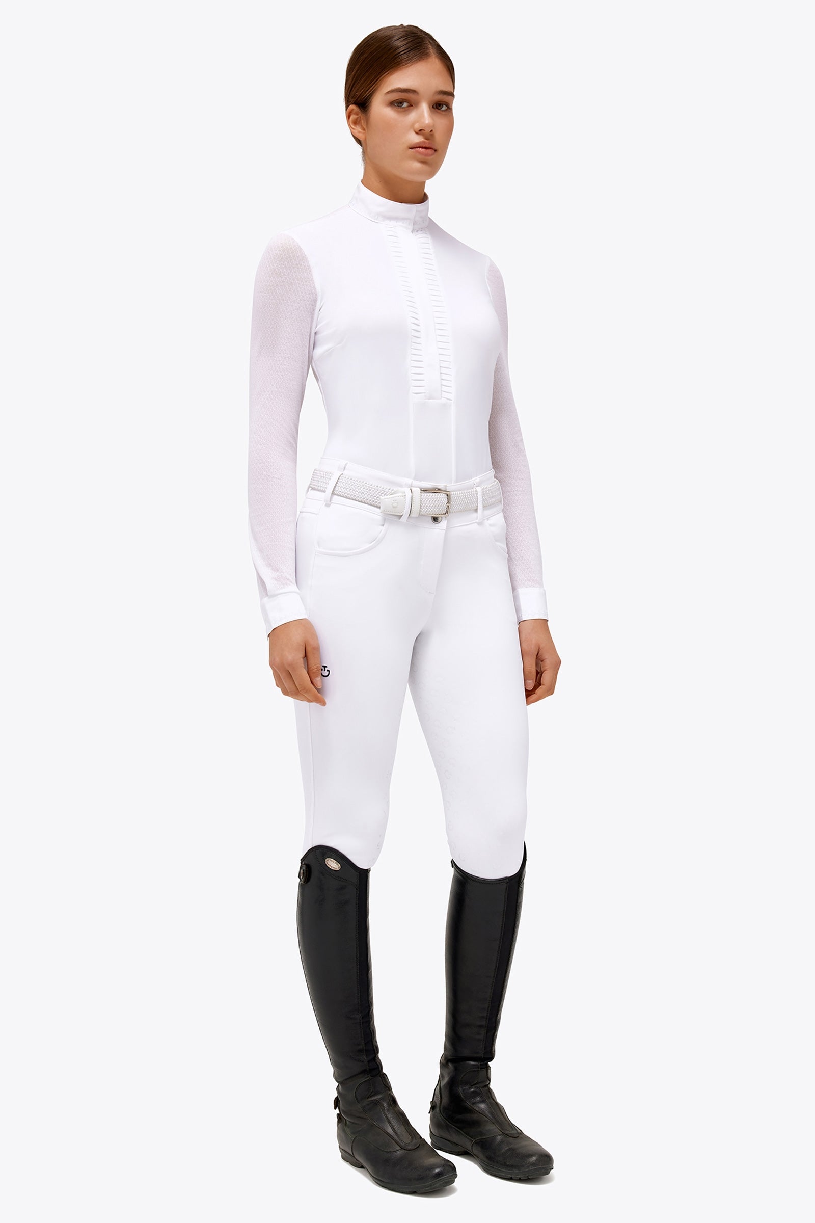 Cavalleria Toscana wedstrijdshirt voor dames met lange mouwen en plooien Dames paardrijkleding