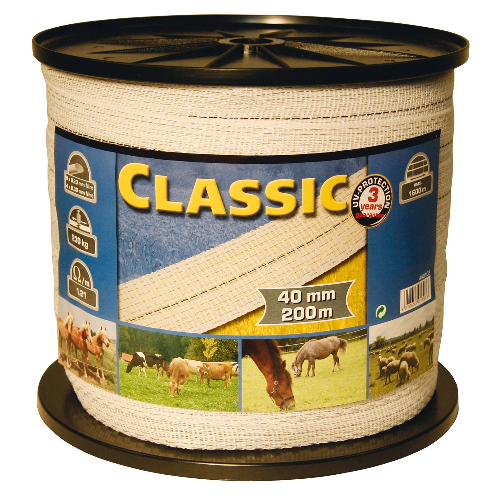 Farm Patrol Classic afrasteringslint, 40mm wit, 9x0,20+4x0,30Niro, 200m Schrikdraad benodigdheden