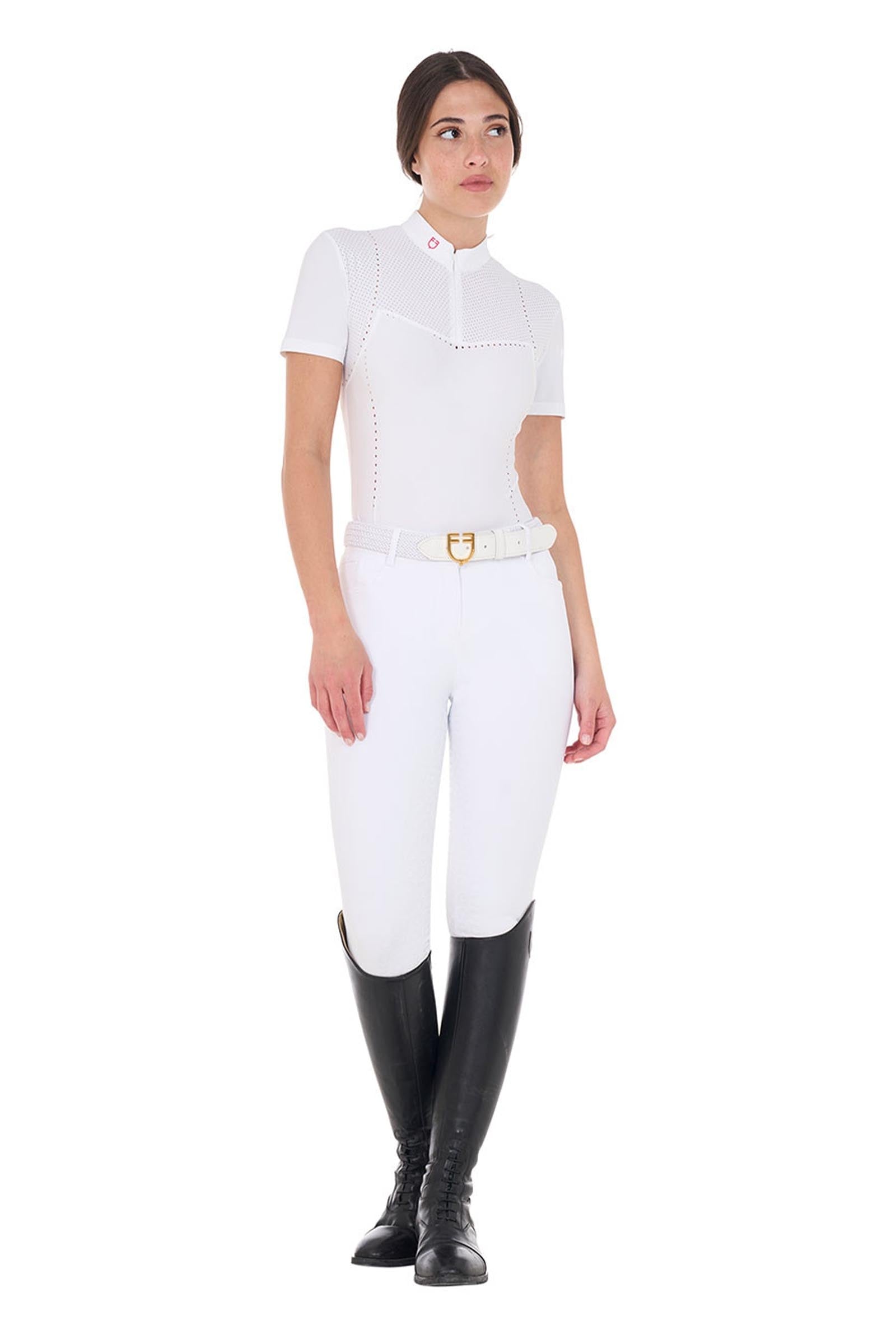 Equestro Women's Slim Fit Zipped Competition Polo Shirt in Perforated Fabric Women’s Riding Clothing